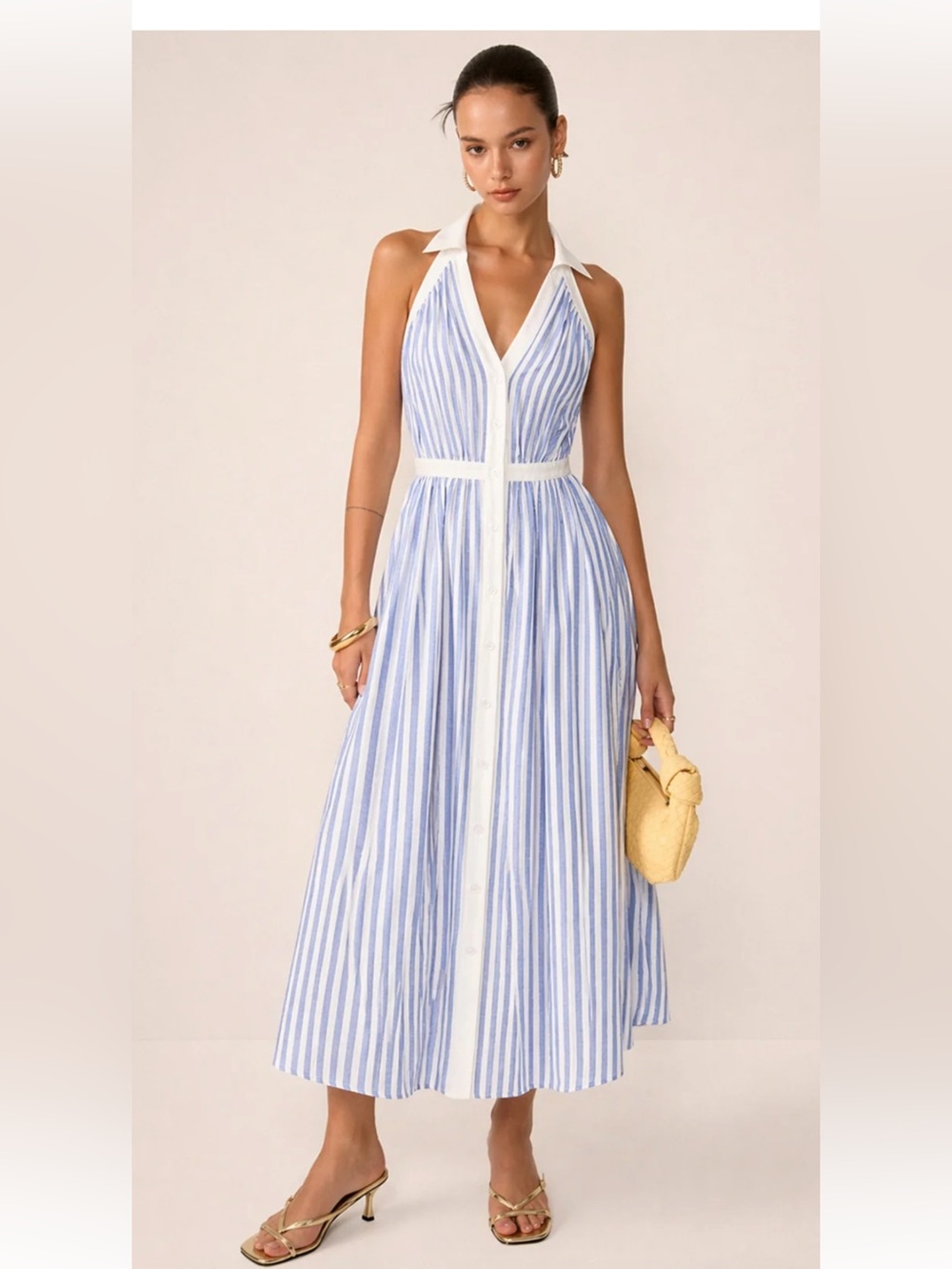 Commense Striped Cotton Blend Collared Halter Midi Dress